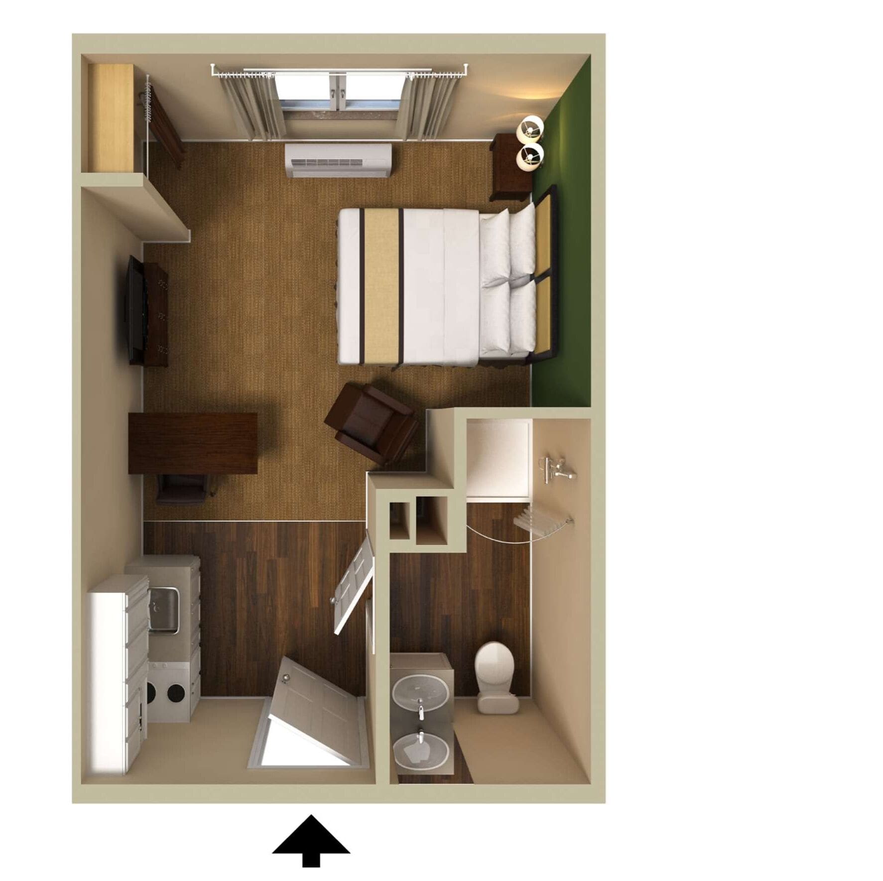 A hotel room layout with a bed, a desk, a chair, a TV, a wardrobe, a bathroom with a toilet, sink, and shower.