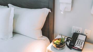 Hypo-allergenic bedding, down comforters, in-room safe