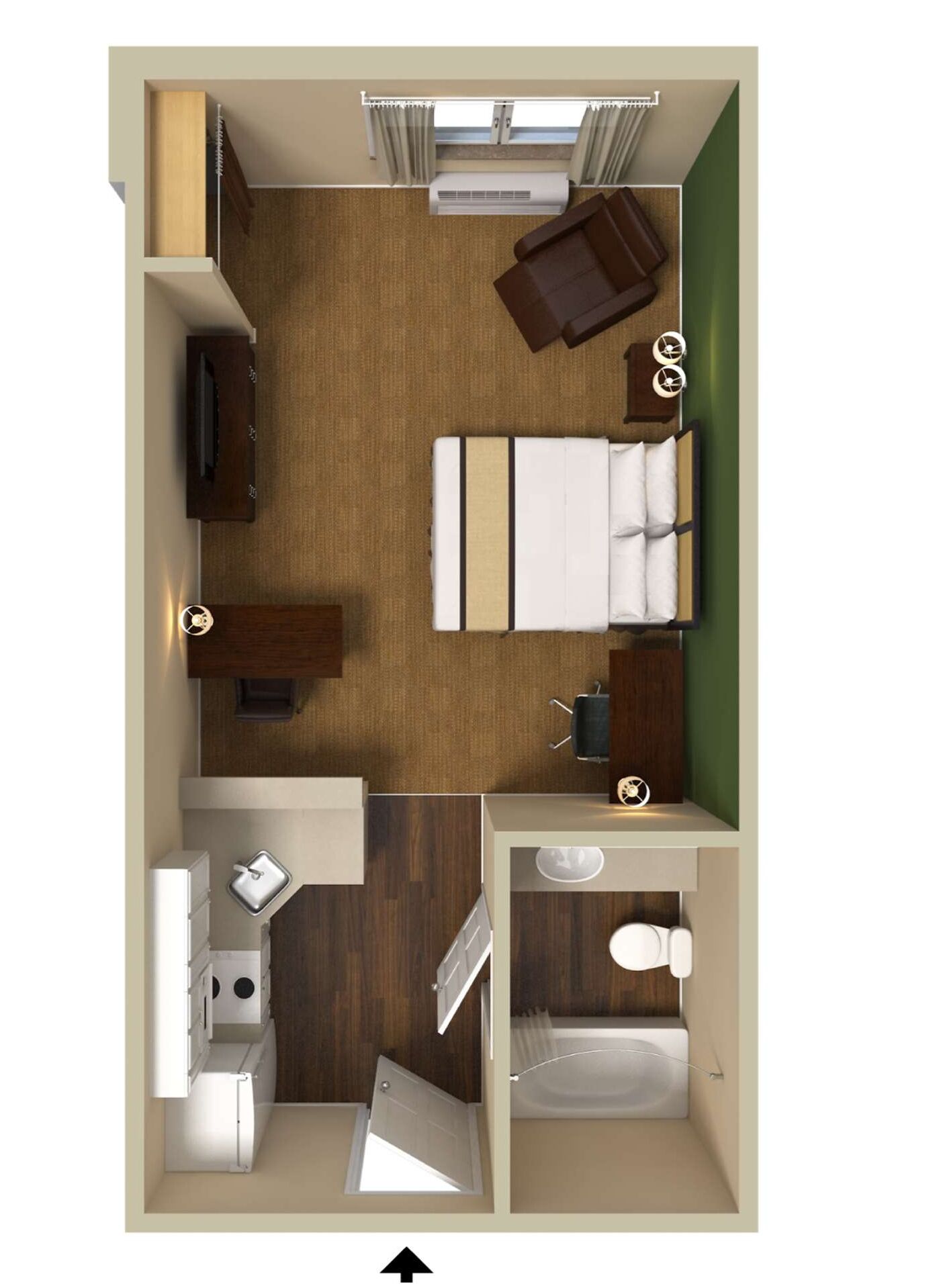 A compact hotel room with a bed, a desk, a chair, a small table, a TV, a wardrobe, a bathroom with a toilet and sink, and a window with curtains.