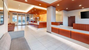 A modern reception area with a reception desk, seating area, and a large window providing a view of the outdoors.