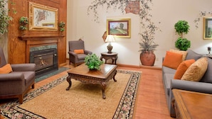 A cozy living room with a fireplace, comfortable seating, and decorative plants. - Country Inn & Suites by Radisson, Columbia, SC (Columbia)