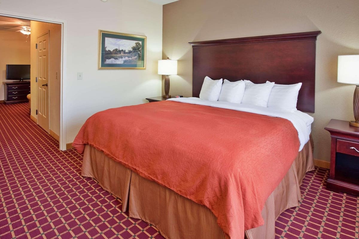 A hotel room with a large bed, a wooden headboard, a red carpeted floor, a television, and a painting on the wall.