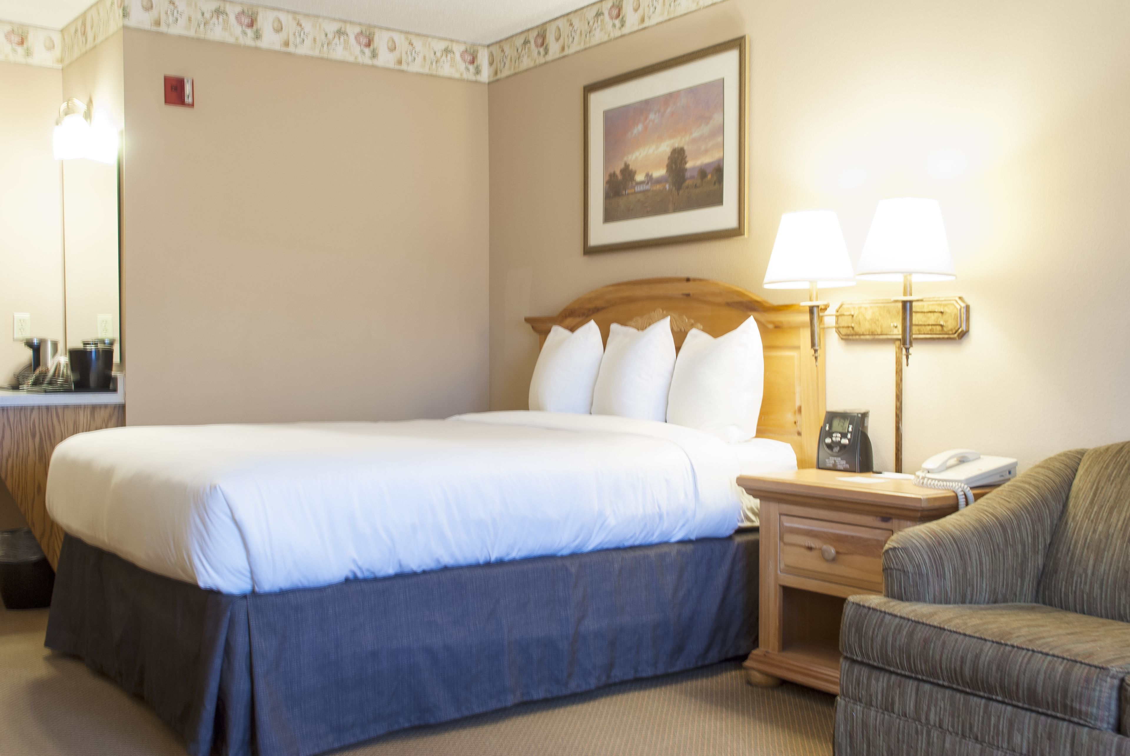 Habitación de hotel con una cama grande, una mesita de noche con lámpara, una silla y un cuadro en la pared.
