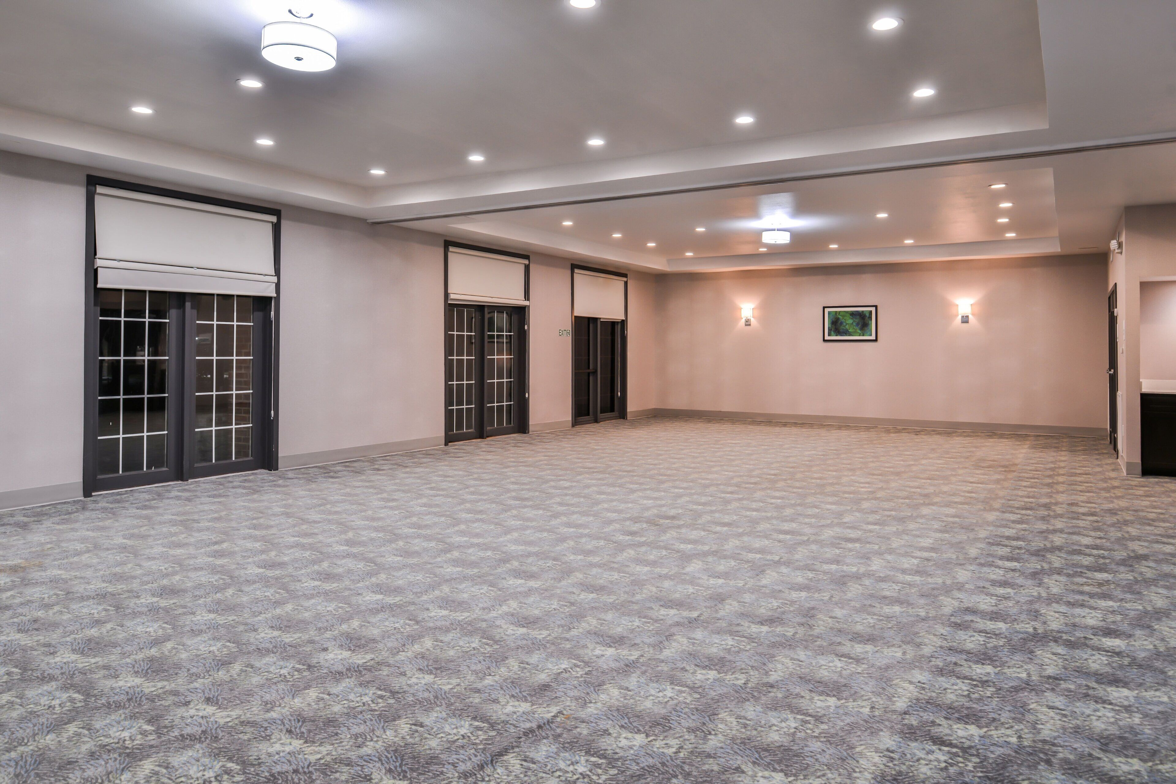 A spacious room with a patterned carpet, recessed ceiling lights, and a framed picture on the wall.