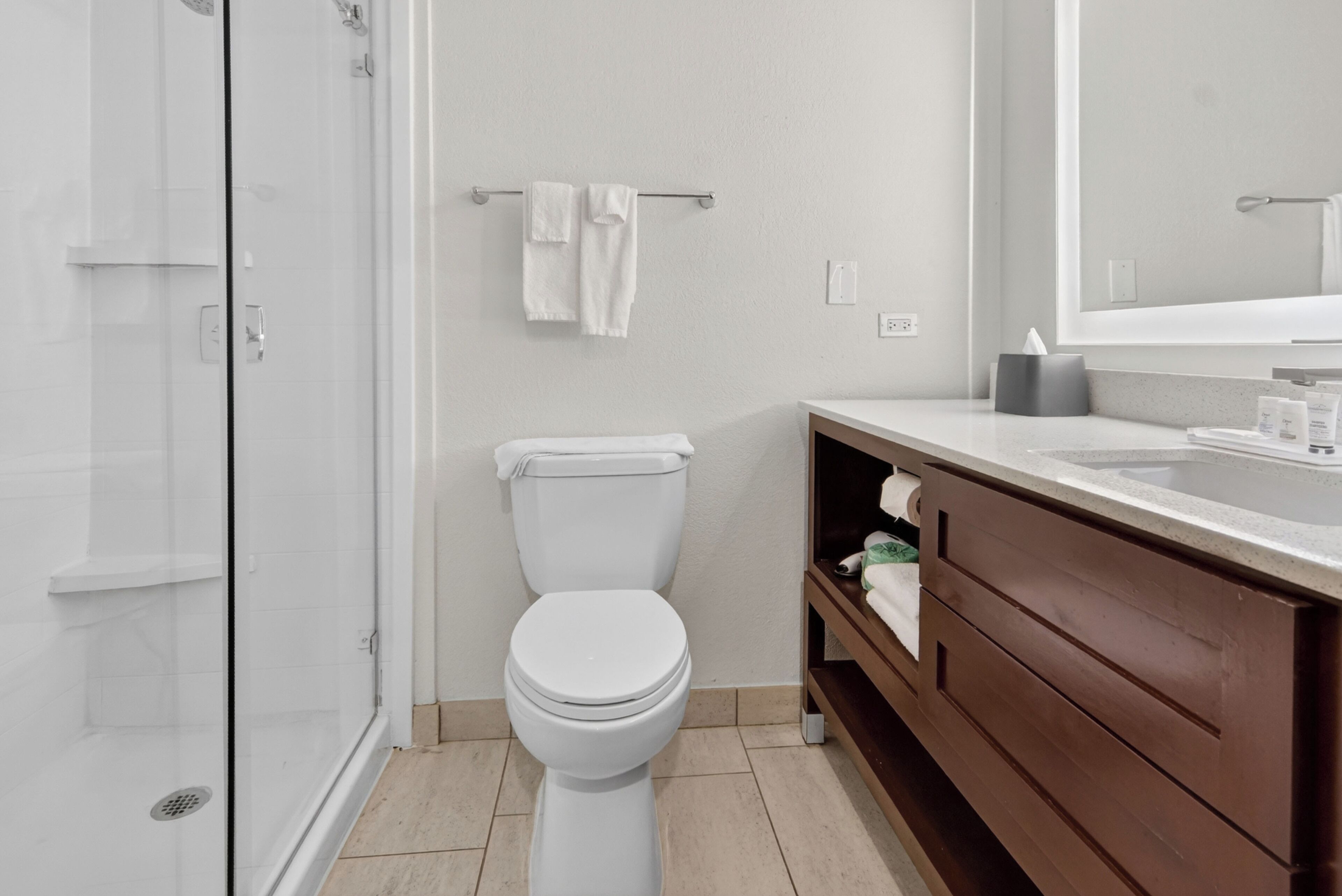 Une salle de bain avec une douche à parois de verre, des toilettes blanches, un meuble-lavabo en bois avec un miroir et un porte-serviettes.