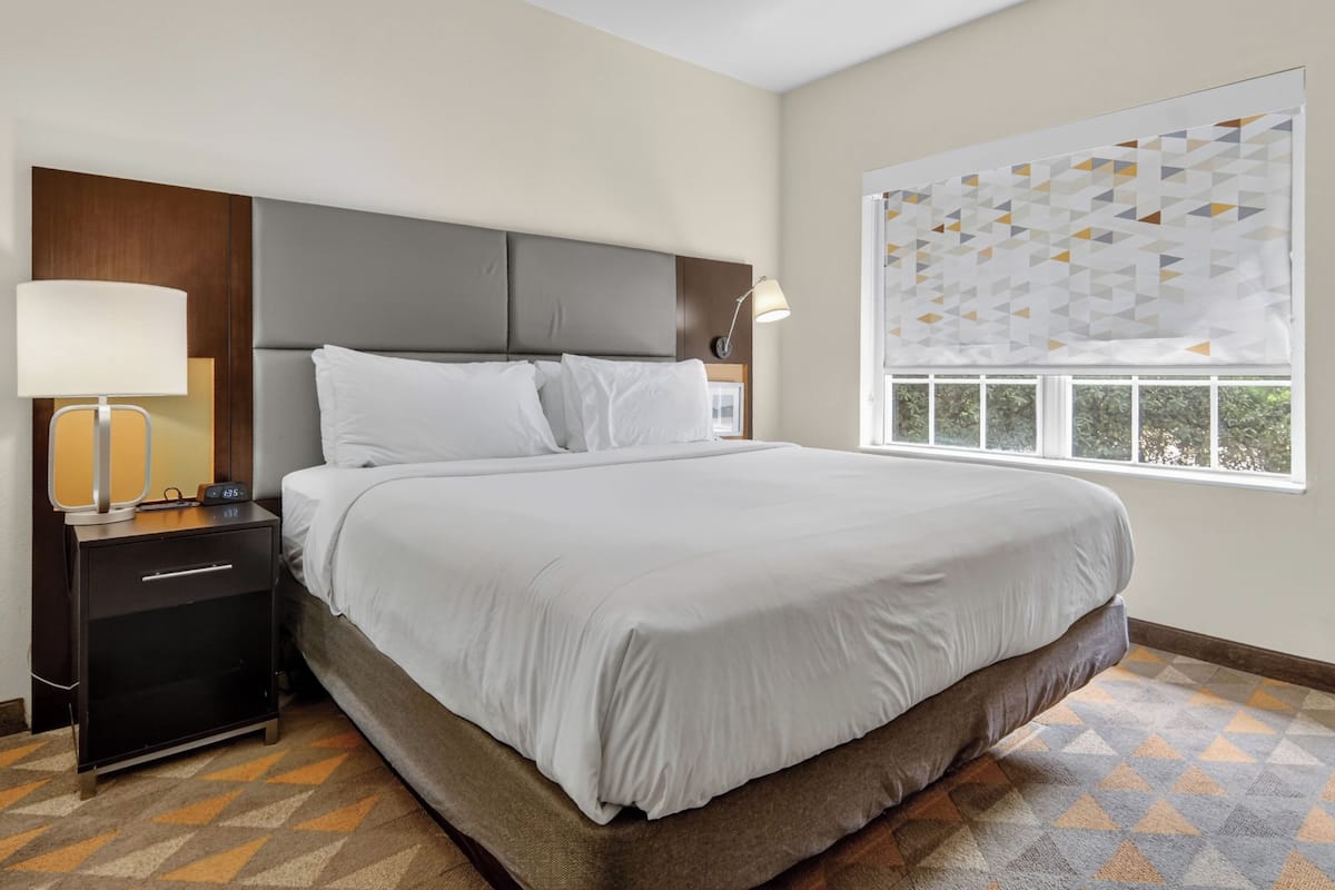 A hotel room with a large bed, a nightstand with a lamp, a window with a geometric view, and a patterned floor.