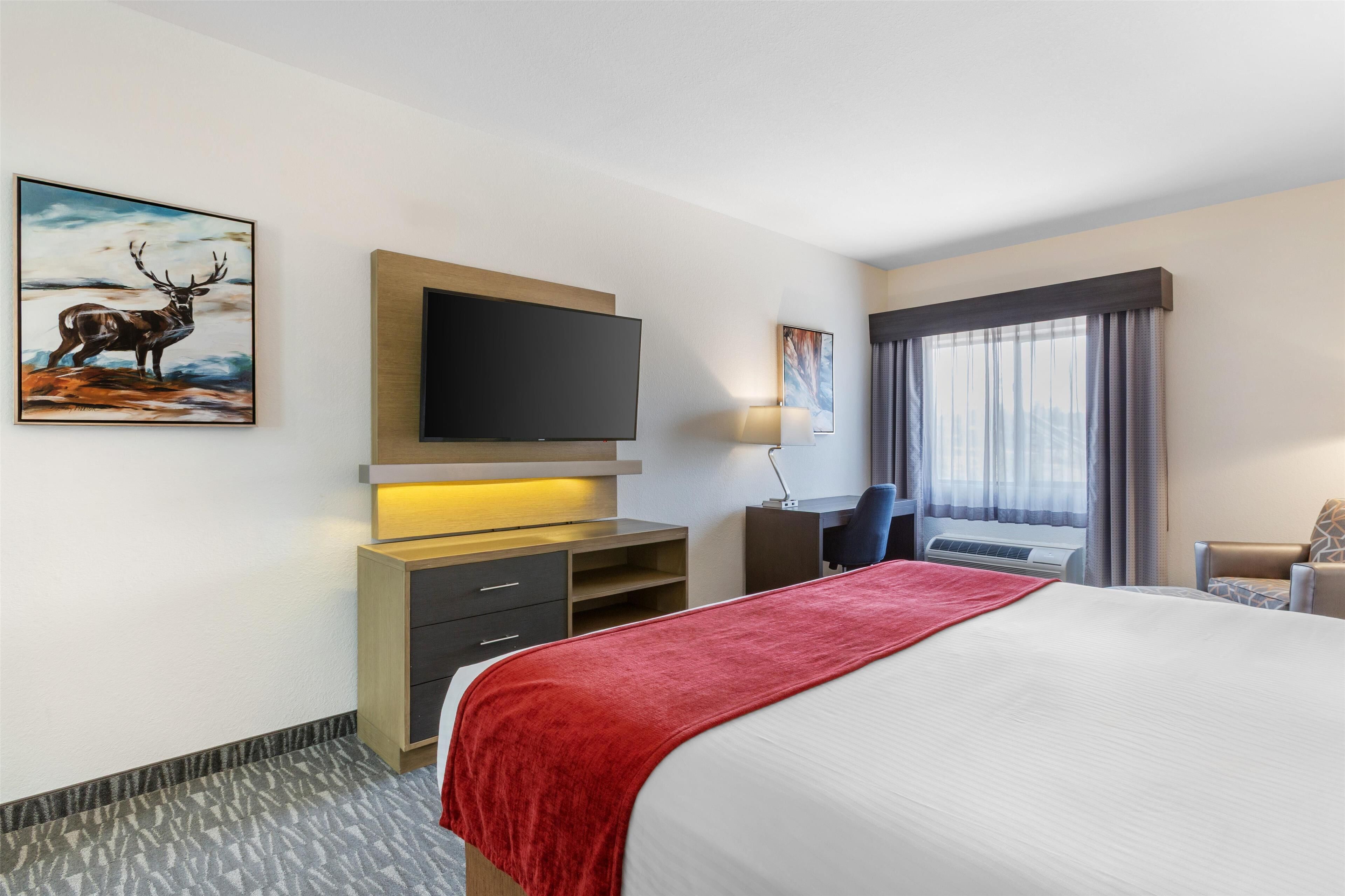 standard room, 1 king bed, non smoking, fireplace | desk, laptop workspace, blackout curtains, iron/ironing board