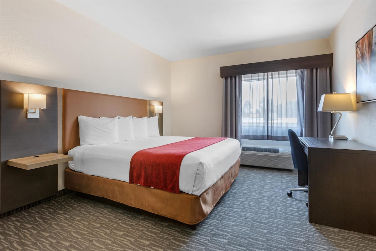 A hotel room with a large bed, a desk, a chair, a nightstand, and a window with curtains.