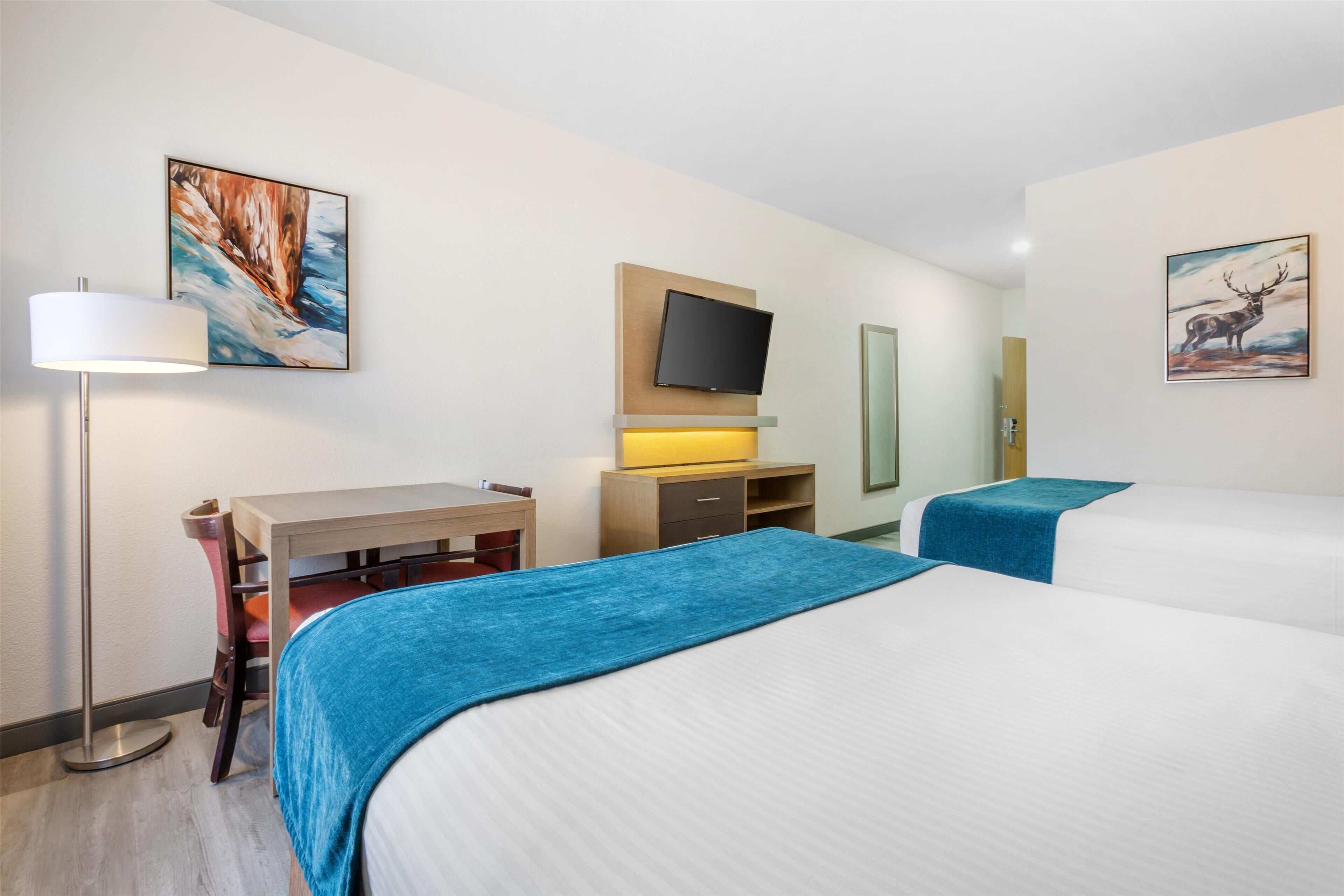 standard room, 2 queen beds, accessible, refrigerator & microwave | desk, laptop workspace, blackout curtains, iron/ironing board