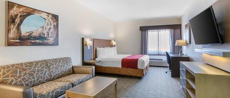 Desk, laptop workspace, blackout curtains, iron/ironing board