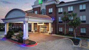 A Holiday Inn Express hotel with a covered entrance, brick facade, and palm trees. - Holiday Inn Express Hotel & Suites Winnie by IHG (Winnie)