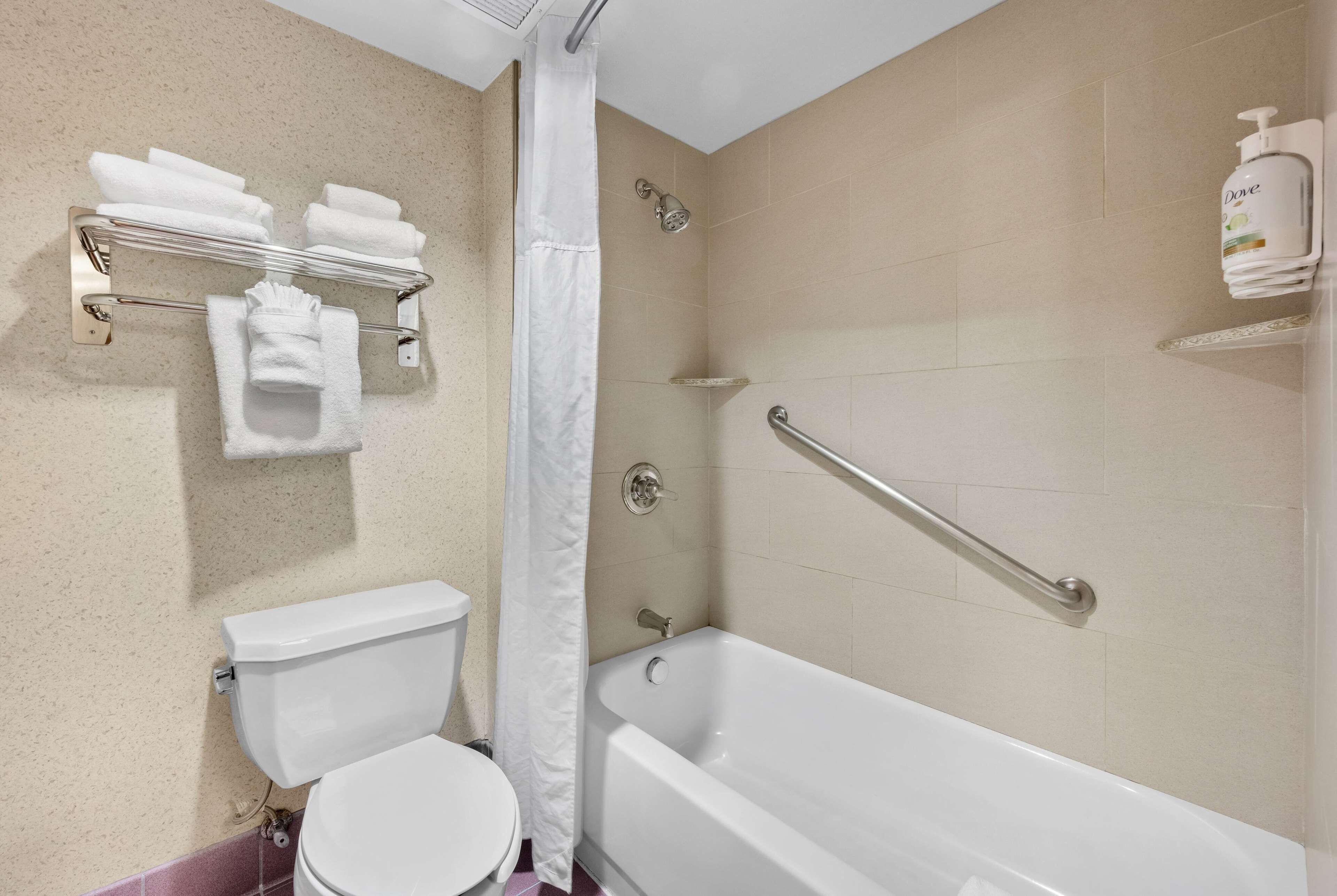 combined shower/bathtub, free toiletries, towels