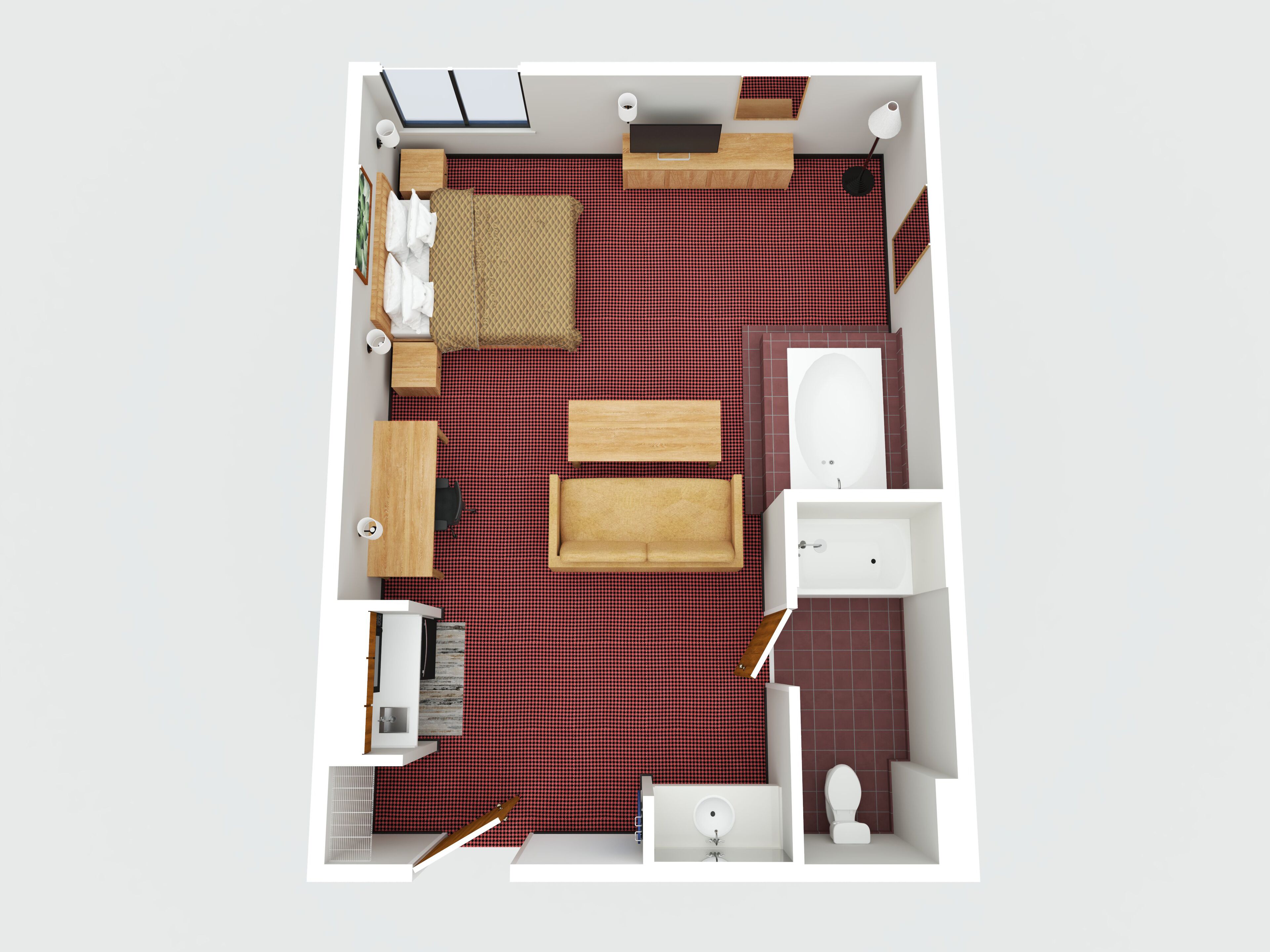 Distribución de un apartamento de dos habitaciones con sala de estar, dos dormitorios, un baño y cocina.