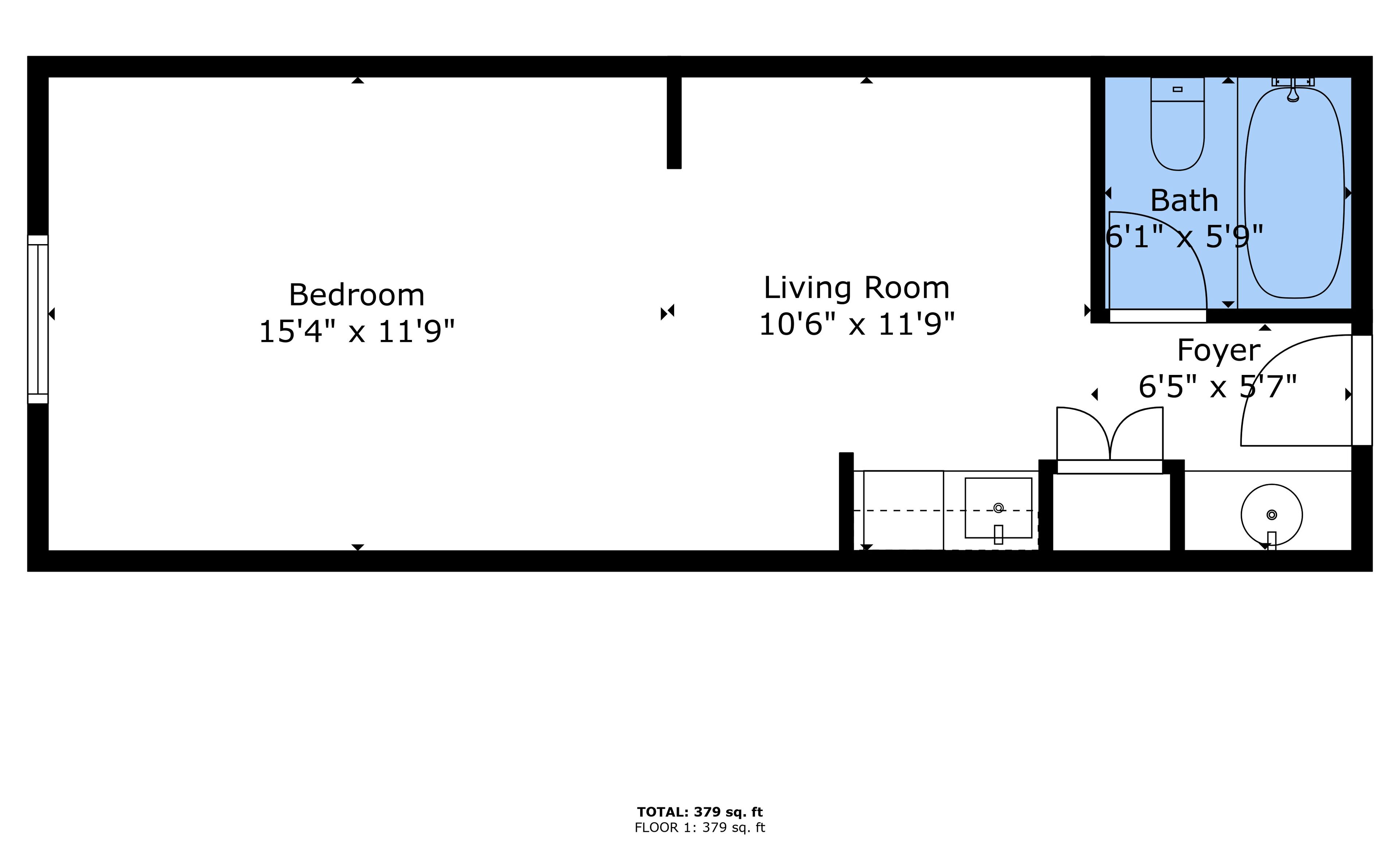 A floor plan of a 1-bedroom apartment measuring 15'4" x 11'9" with a living room of 10'6" x 11'9".