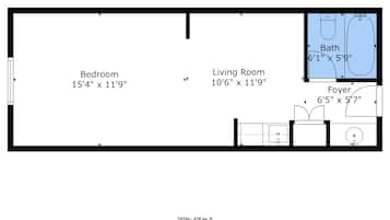 A floor plan of a 1-bedroom apartment measuring 15'4" x 11'9" with a living room of 10'6" x 11'9".