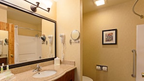 A bathroom with a sink, mirror, hair dryer, and toilet.
