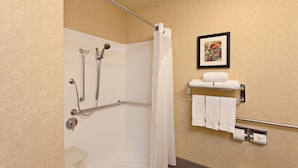 A shower area with a glass door, a hand shower, a glass-enclosed tub, and a towel rack with towels.