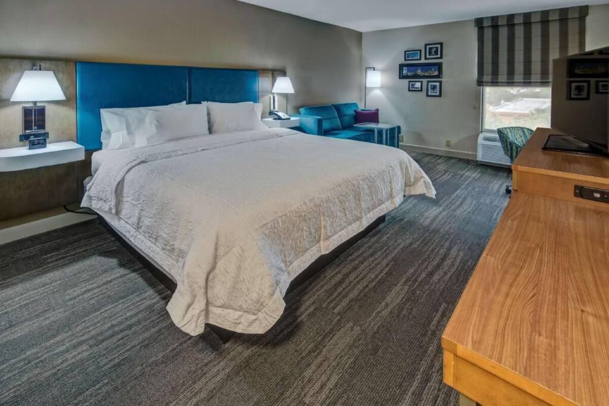 A hotel room with a large bed, a desk, a chair, a blue sofa, and a window with blinds.