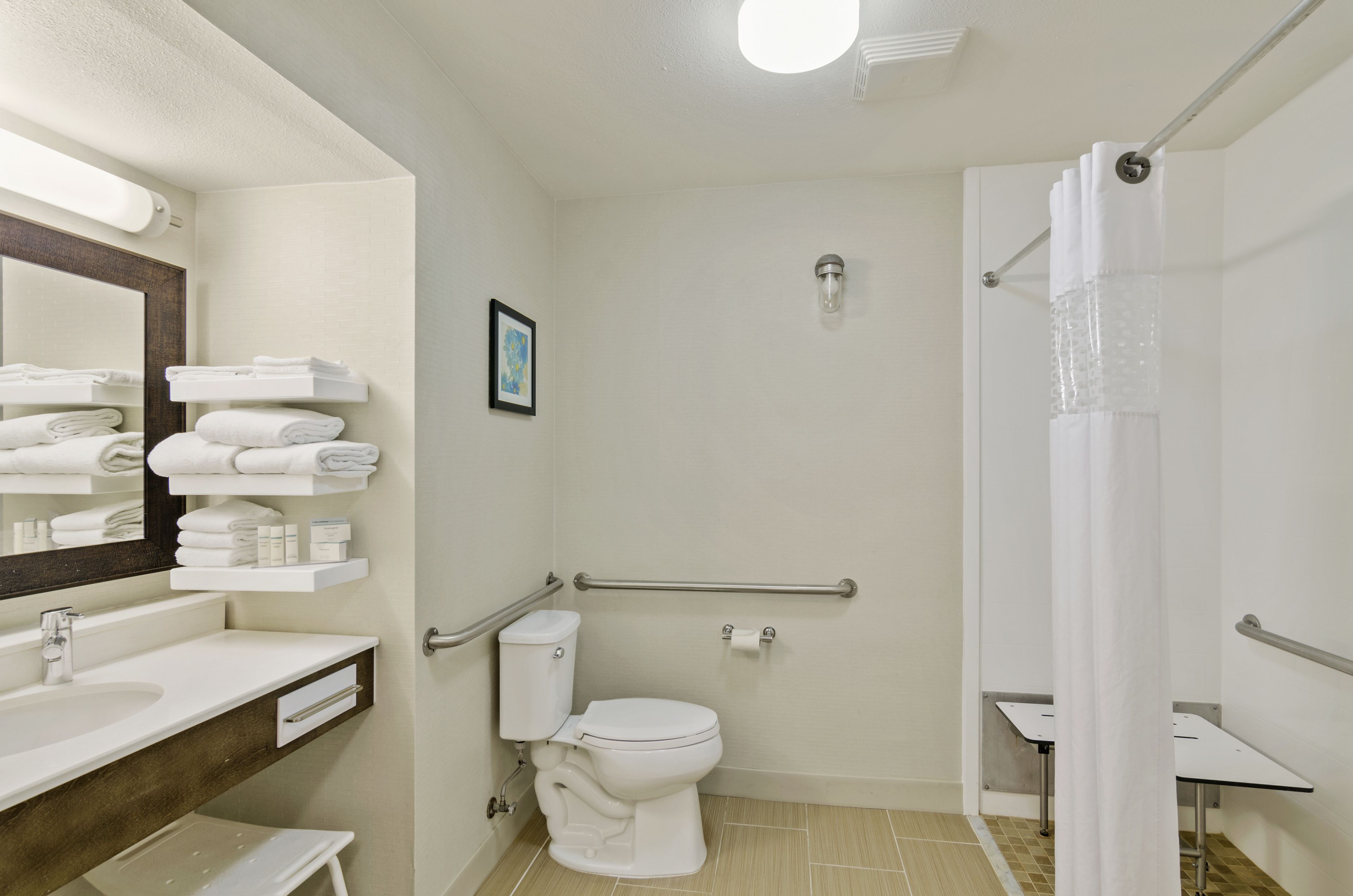 combined shower/bathtub, free toiletries, hair dryer, towels