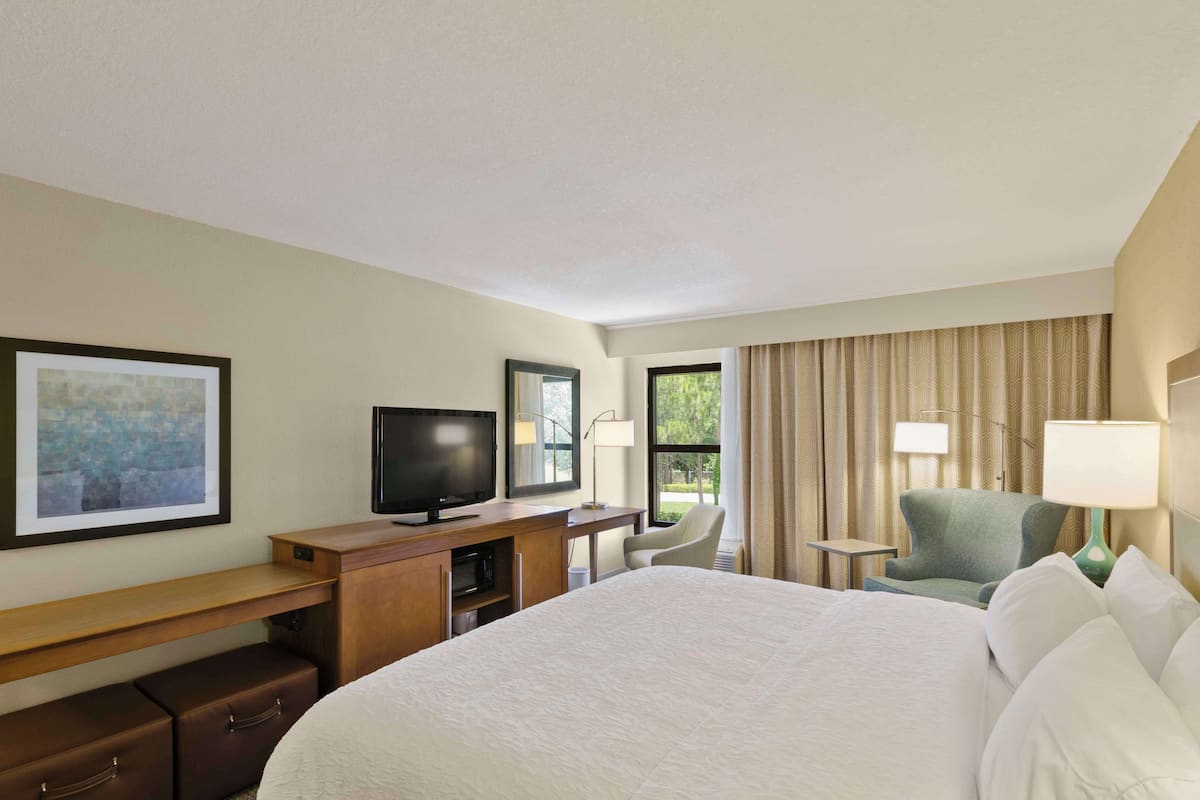 A hotel room with a large bed, a desk with a television, a chair, and a lamp.