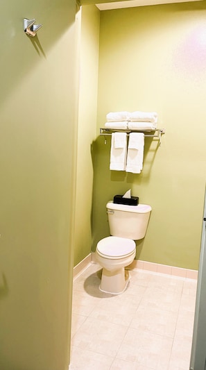 Combined shower/tub, hair dryer, towels