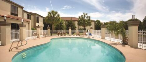 A swimming pool with a white fence, lounge chairs, and palm trees.