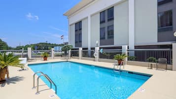 Outdoor pool, open 9:00 AM to 9:00 PM, pool umbrellas, sun loungers