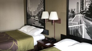A hotel room with two beds, a cityscape view, and a telephone on the nightstand. - Super 8 by Wyndham Aurora/Naperville Area (Aurora)
