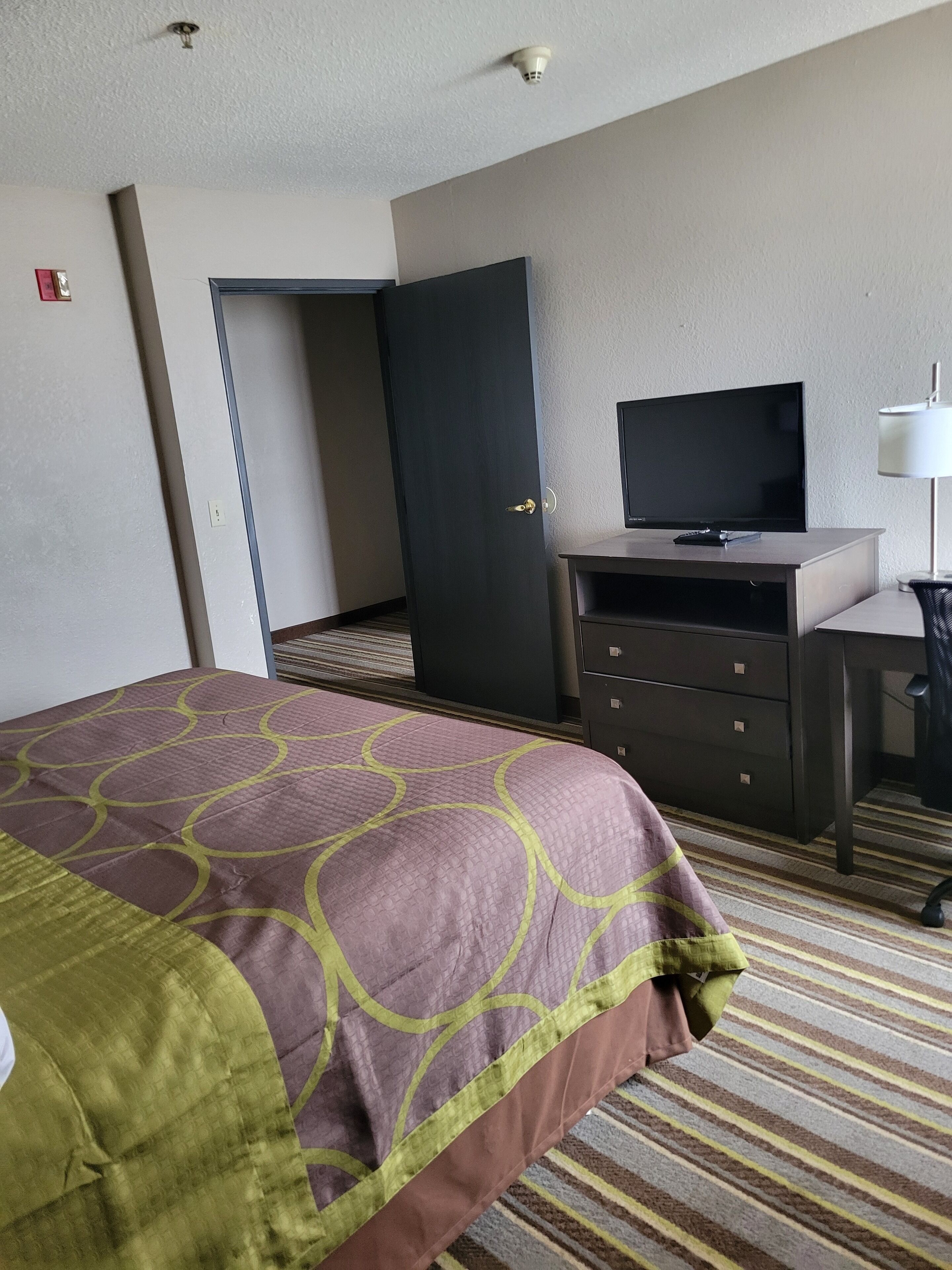 A hotel room with a bed, a desk, a television, and a door.