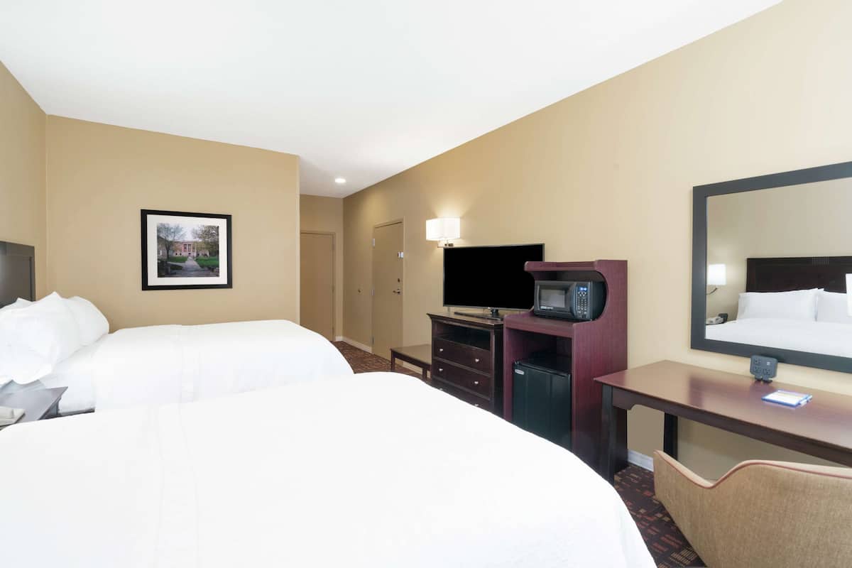 Quarto de hotel com duas camas, televisão, escrivaninha com espelho e um quadro na parede.