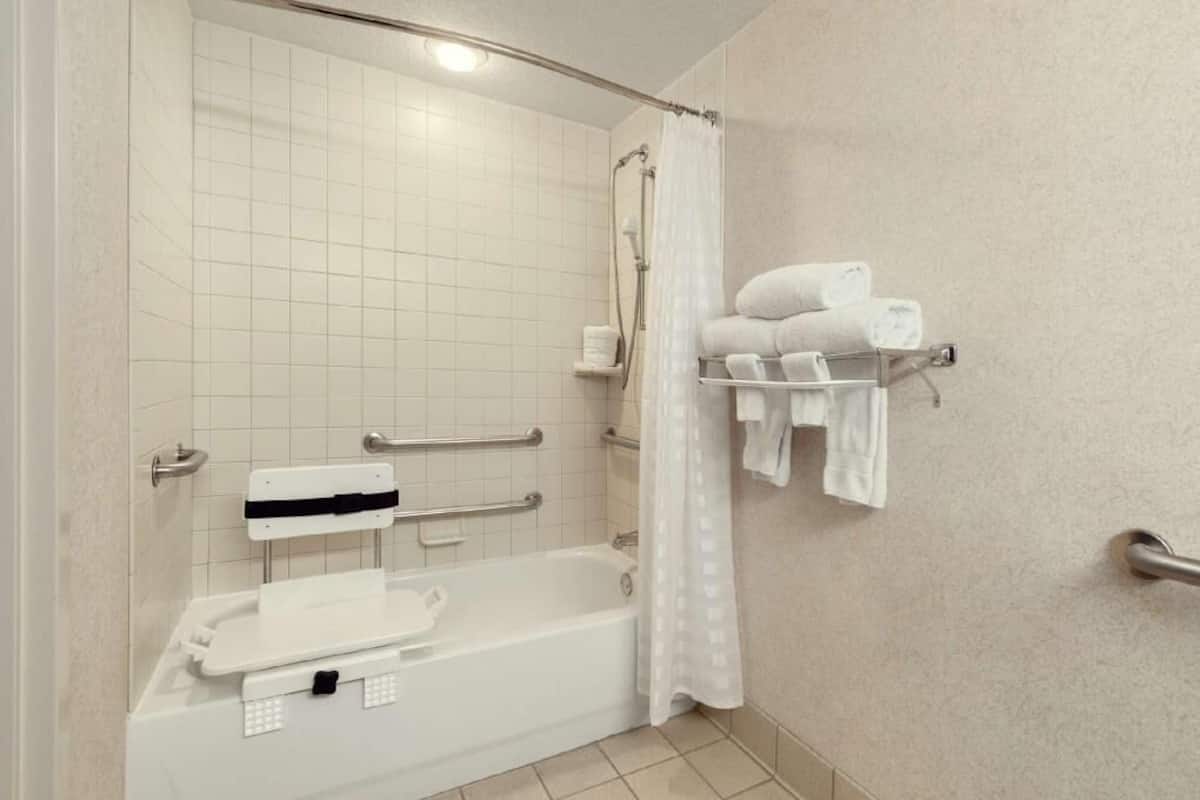 Tina con regadera, amenidades de baño de diseñador, secadora de cabello