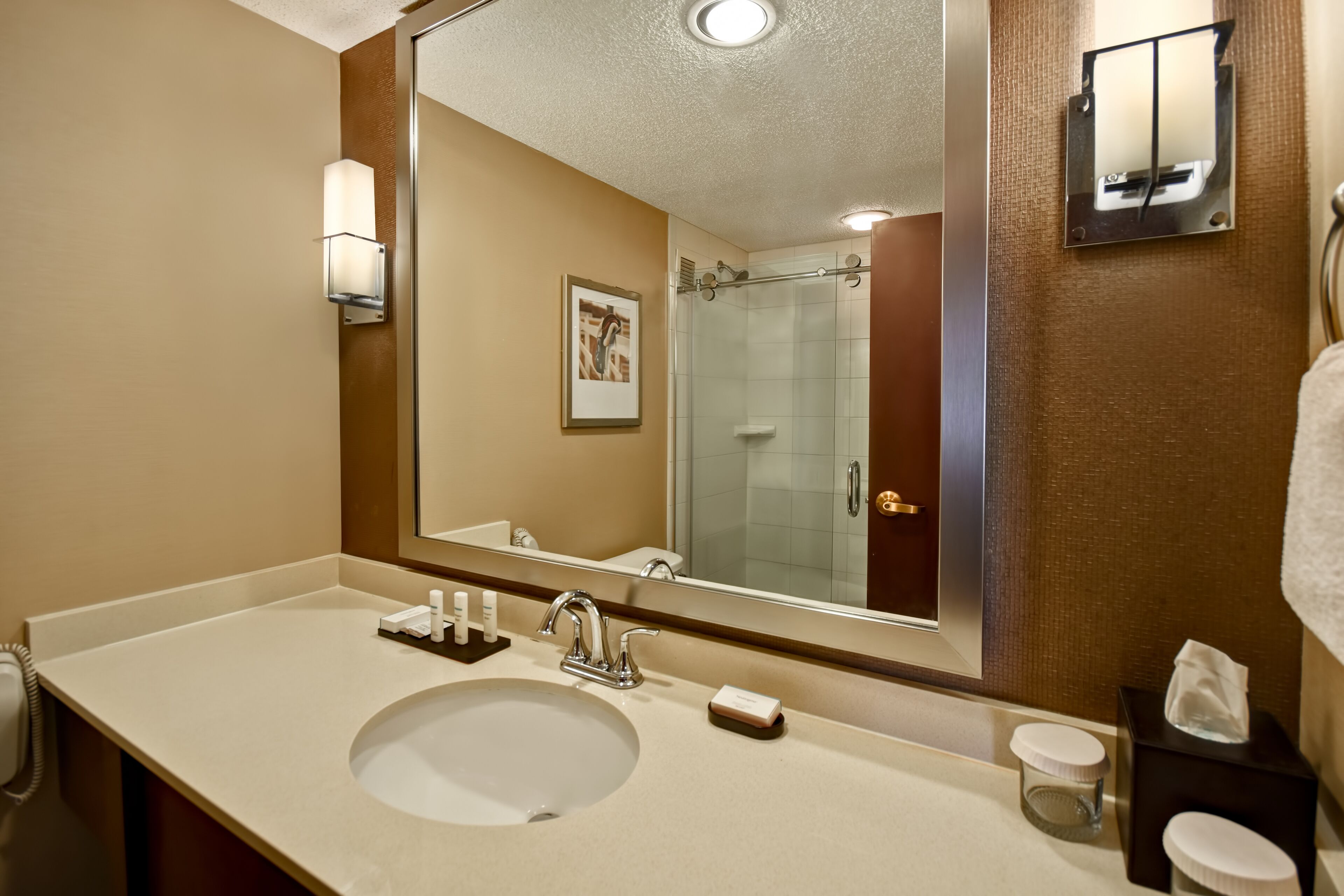 combined shower/bathtub, designer toiletries, hair dryer, towels