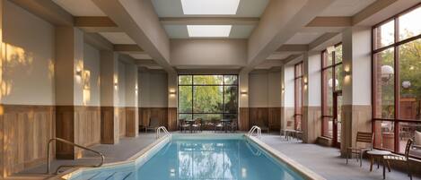 A swimming pool with a clear view of the outdoors, surrounded by seating areas and a high ceiling with skylights.