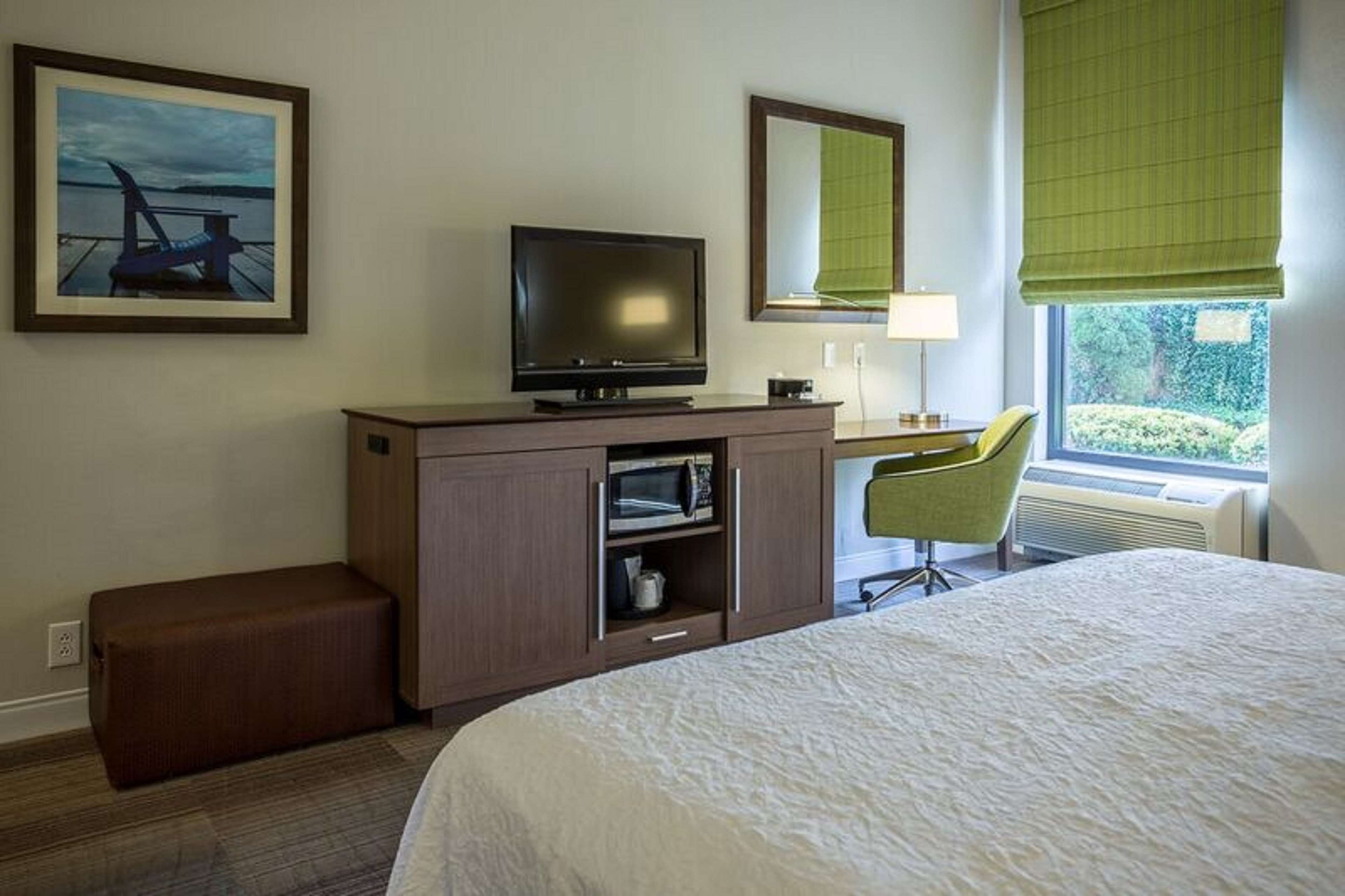 Habitación de hotel con cama, televisión sobre una mesita de madera, escritorio con silla, ventana con vista a vegetación y un cuadro en la pared.