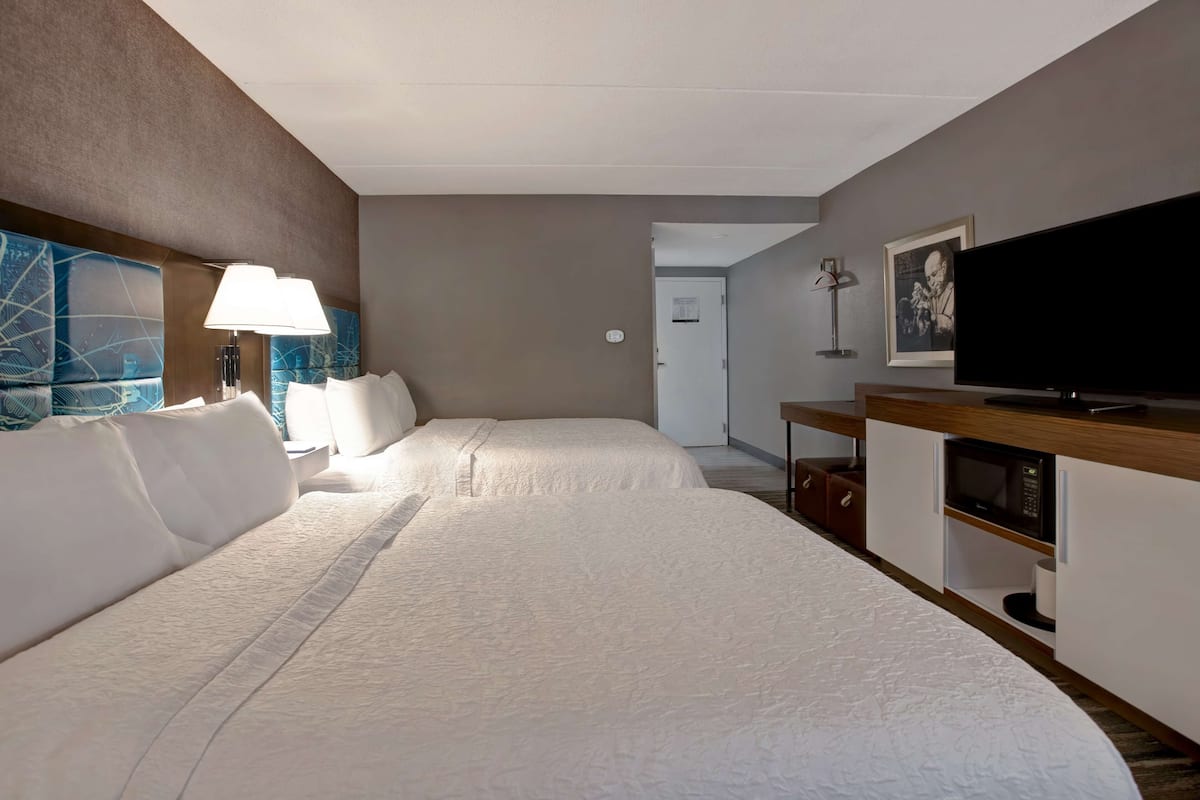 Quarto de hotel com duas camas, televisão de tela plana, micro-ondas e um quadro na parede.