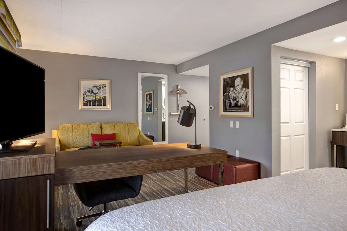 Quarto de hotel com uma cama, uma escrivaninha com cadeira, um sofá, uma televisão e quadros nas paredes.