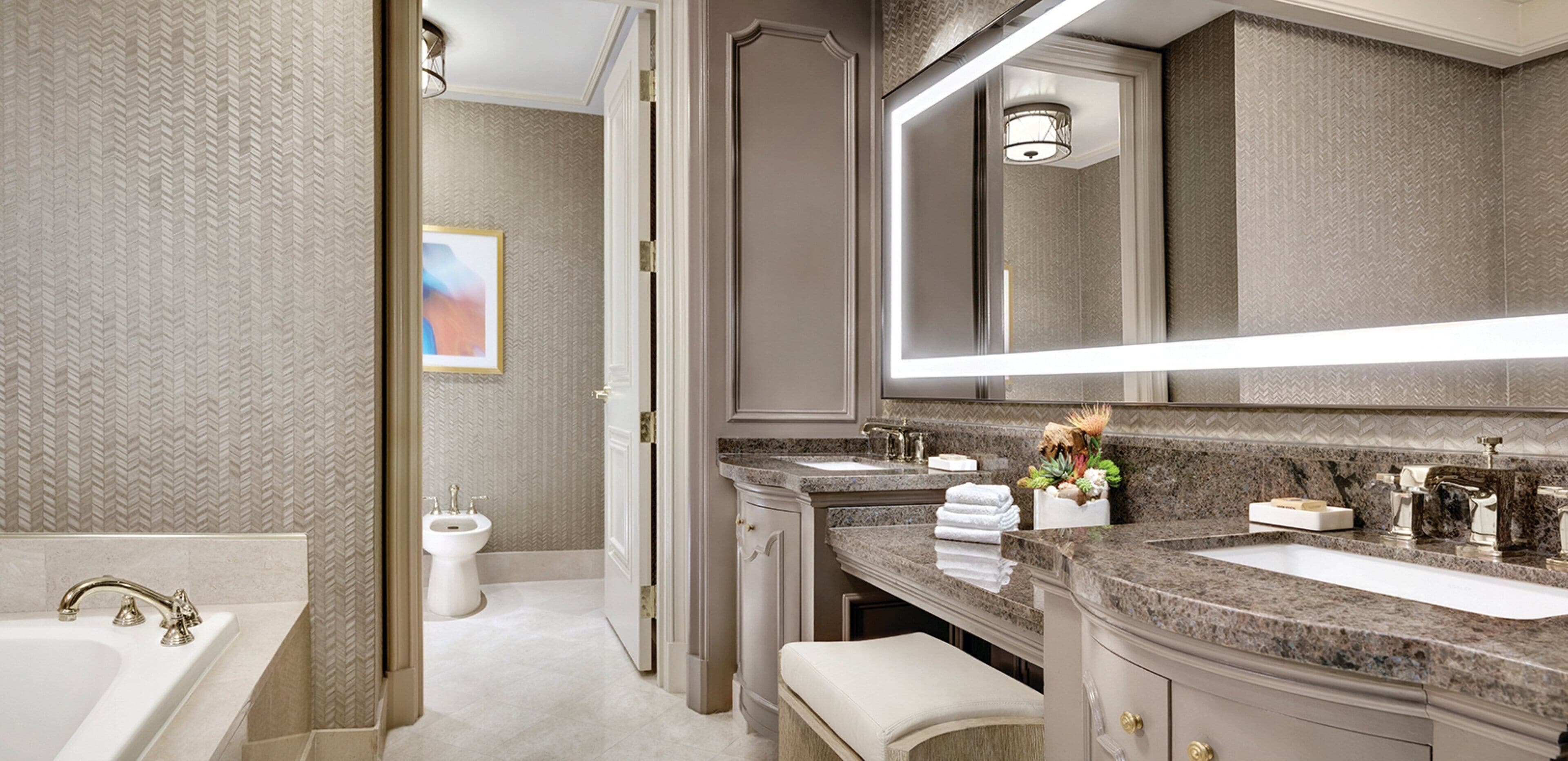 separate bathtub and shower, deep-soaking bathtub, designer toiletries