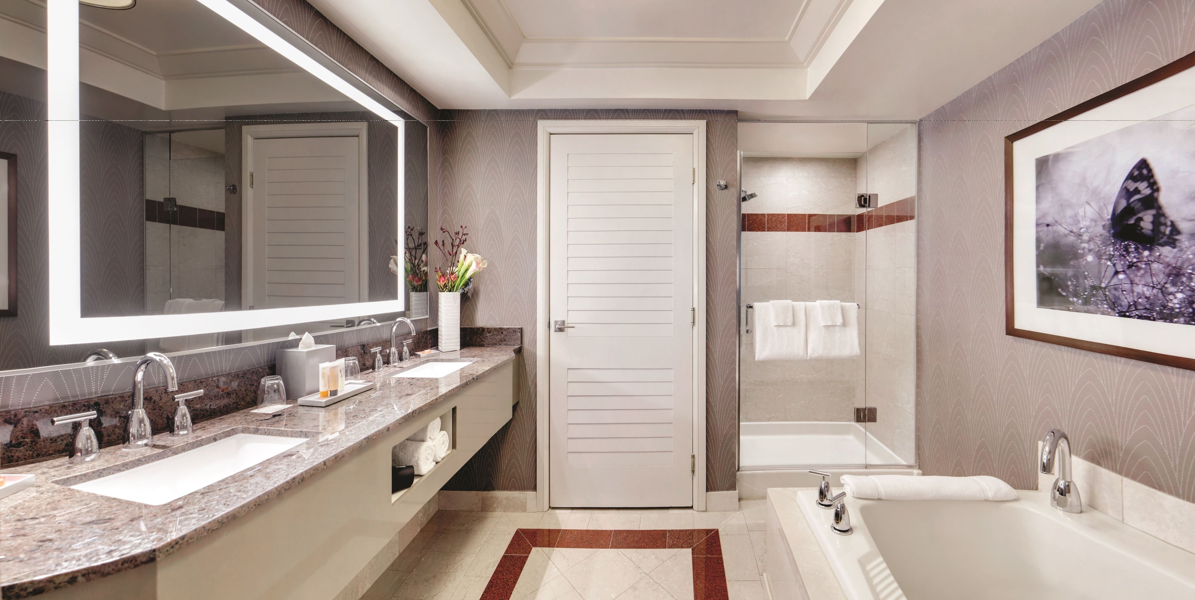 Separate bathtub and shower, deep-soaking bathtub, designer toiletries