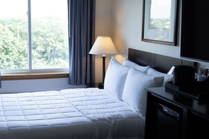 Habitación de hotel con cama, mesita de noche, lámpara, televisión y ventana con cortinas.