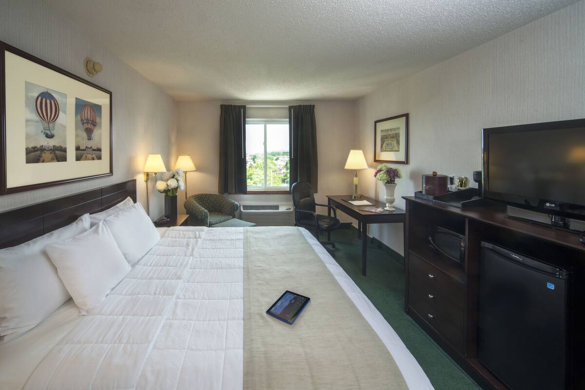 A hotel room with a large bed, a desk with a TV, a chair, and a window with curtains.