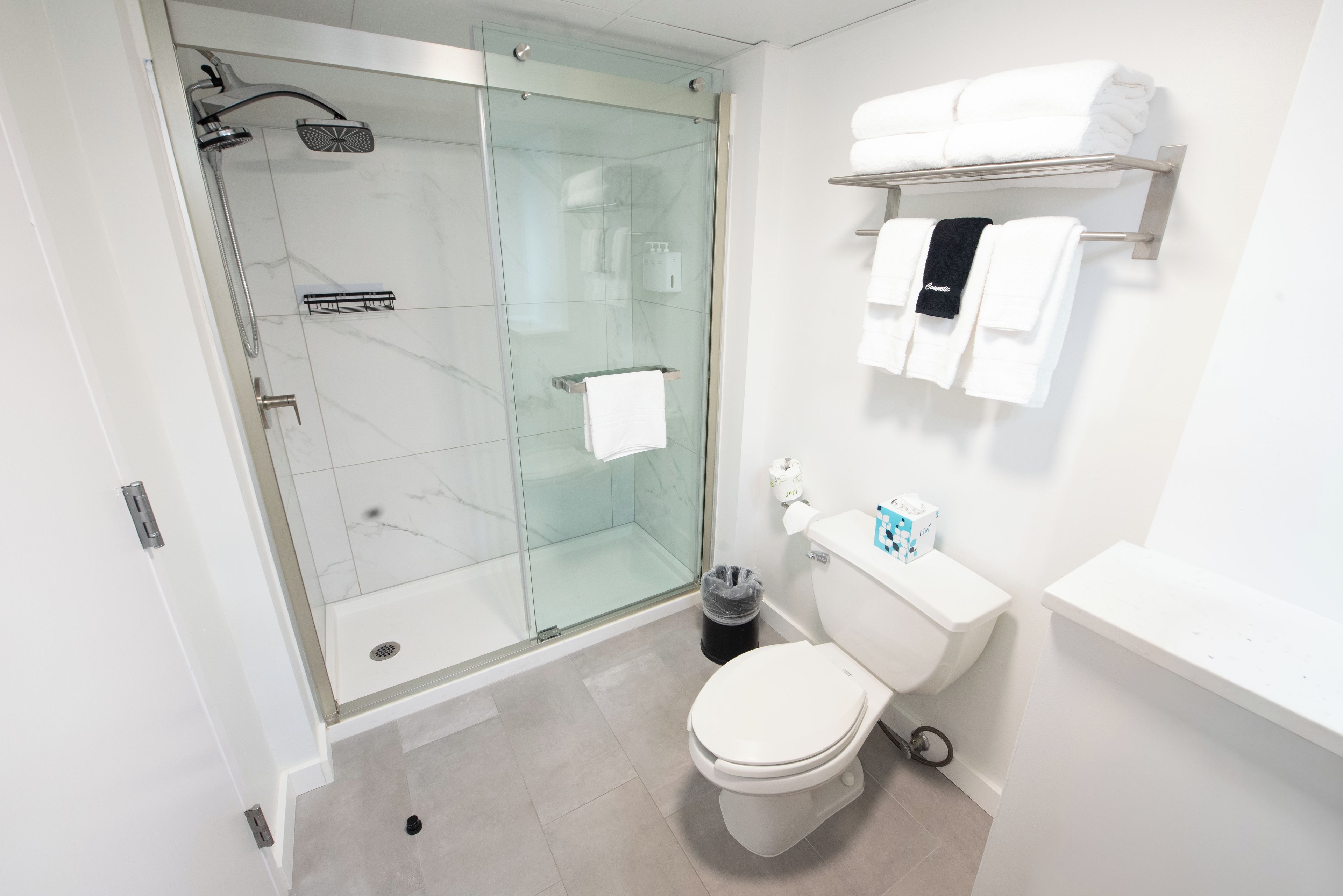 A modern bathroom with a glass-enclosed shower, a toilet, and a towel rack.