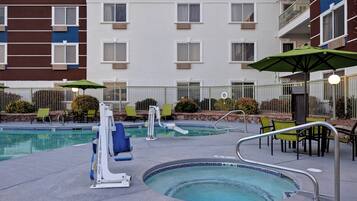 Outdoor pool, open 9:00 AM to 9:00 PM, pool umbrellas, sun loungers