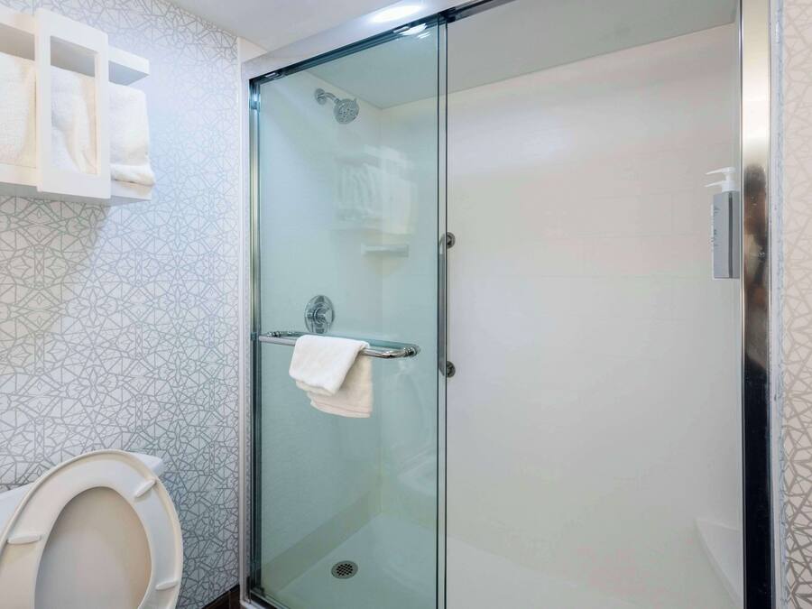 A modern bathroom with a glass-enclosed shower, a toilet, and a towel rack.