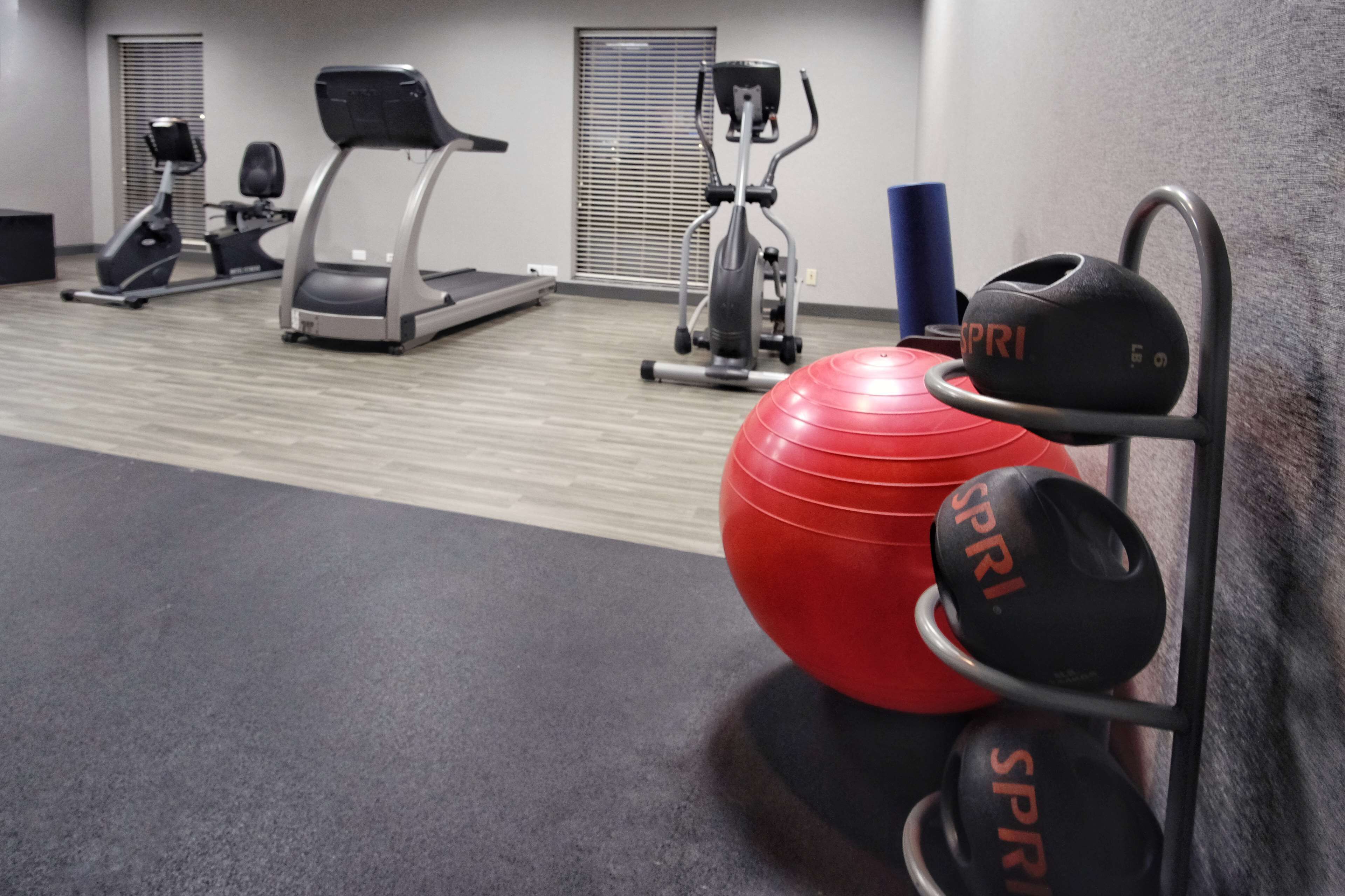 Un gimnasio con cintas de correr, elípticas y pelotas de ejercicio.