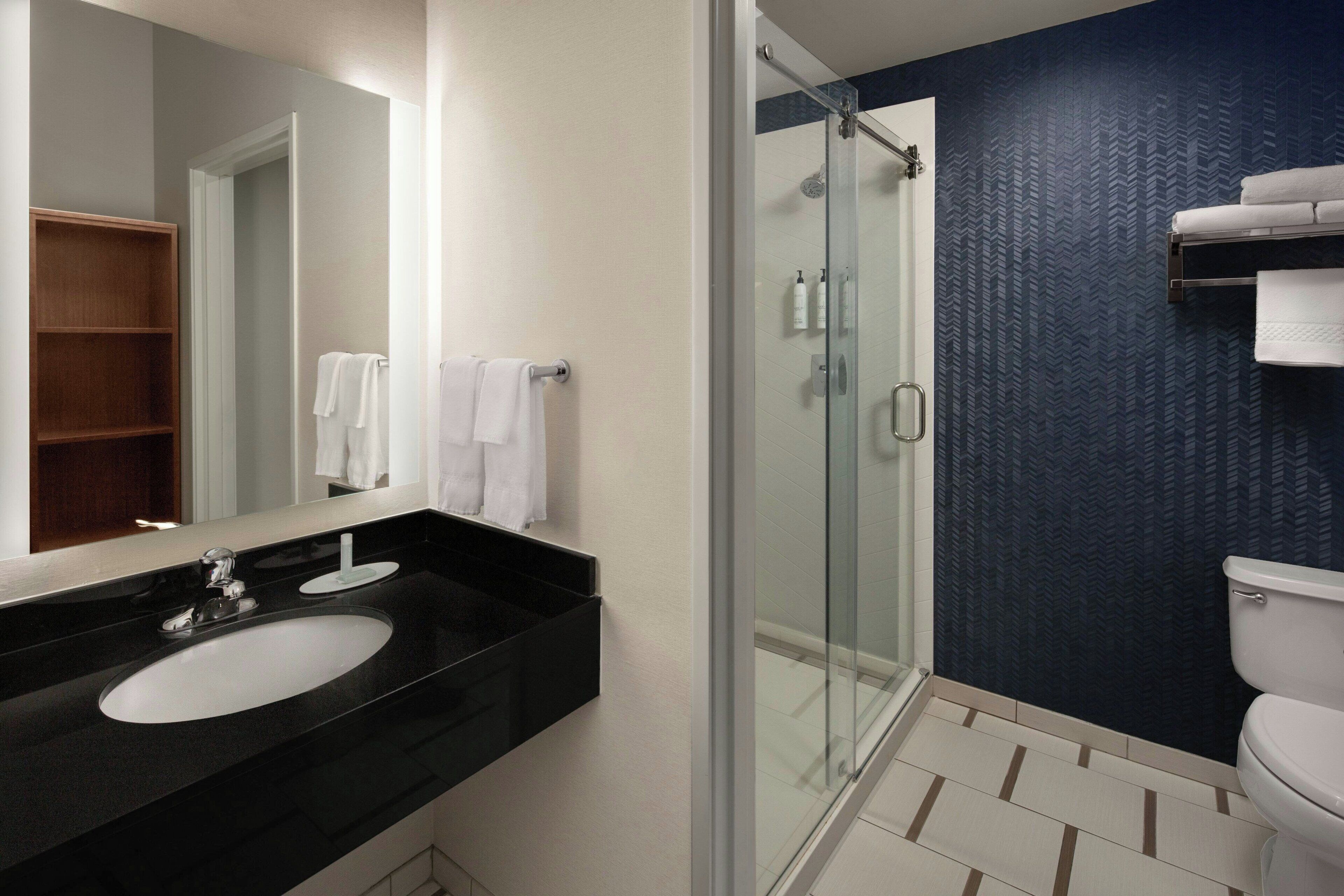 combined shower/bathtub, free toiletries, hair dryer