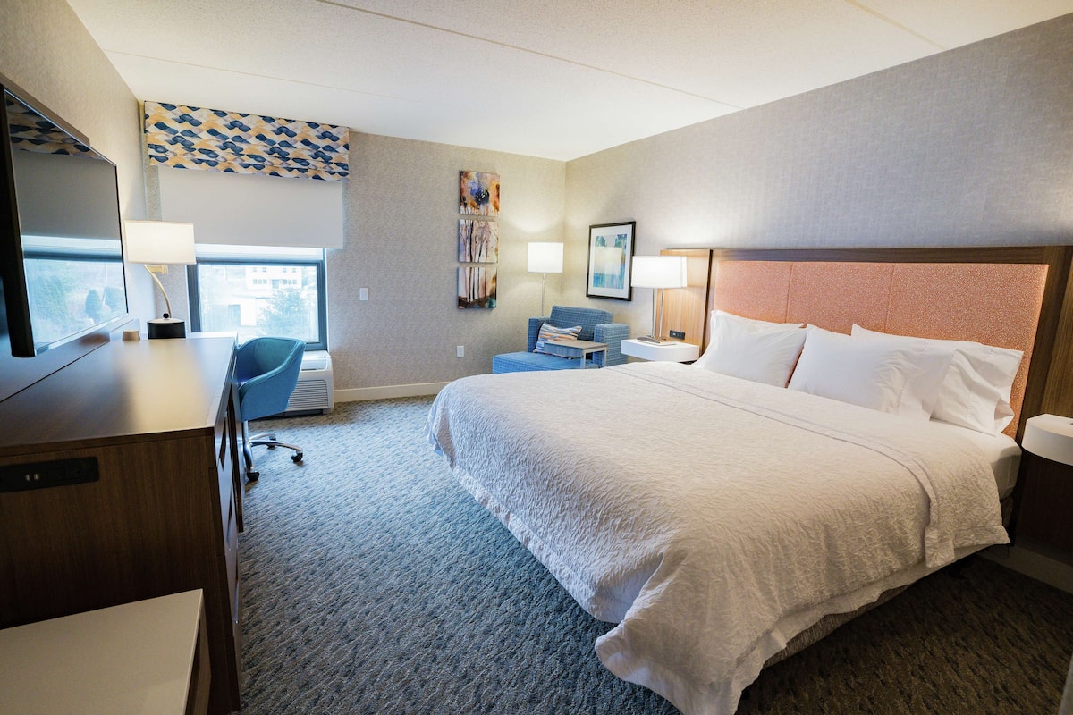 A hotel room with a large bed, a desk with a chair, a TV, and a window with a view.