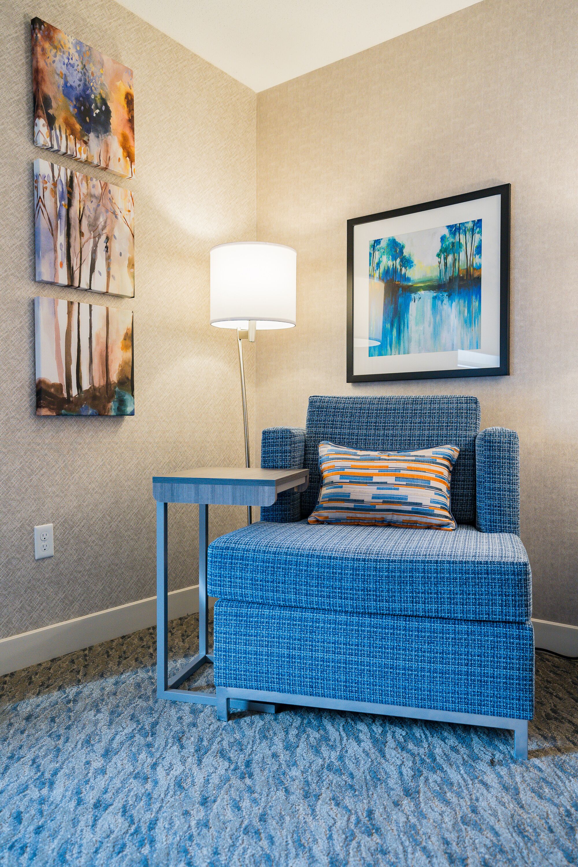 hypo-allergenic bedding, desk, blackout curtains, iron/ironing board