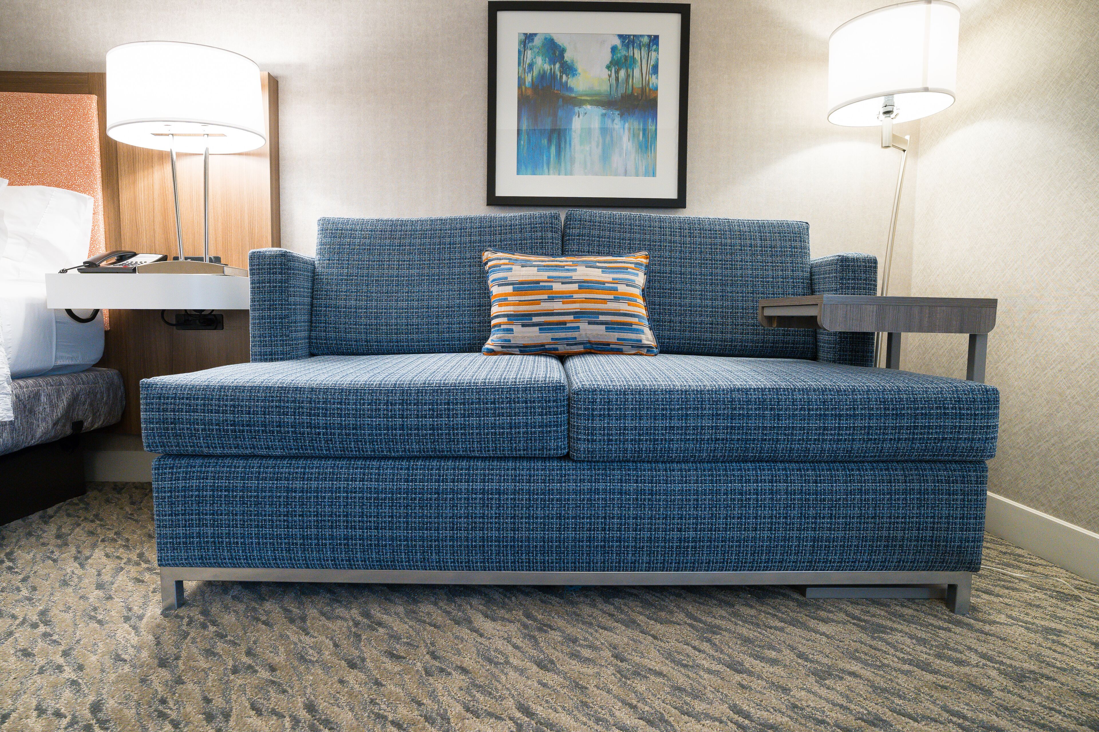 hypo-allergenic bedding, desk, blackout curtains, iron/ironing board