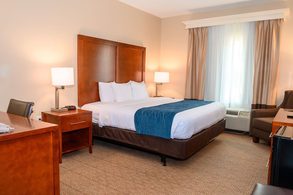 Premium bedding, memory foam beds, desk, laptop workspace