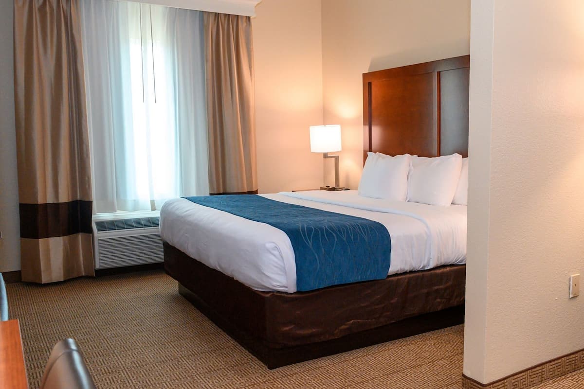 Premium bedding, memory foam beds, desk, laptop workspace